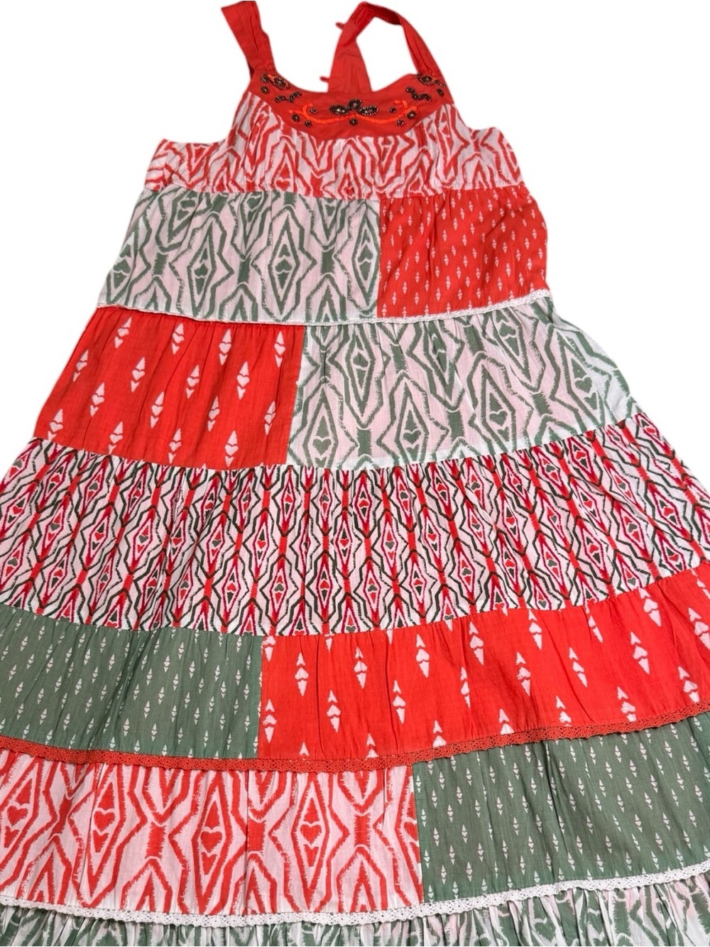 George Red and Olive Patchwork Tiered Summer Dress